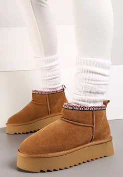 Brązowe Śniegowce na Platformie ze Skóry Naturalnej Ozdobione Haftem Narisha