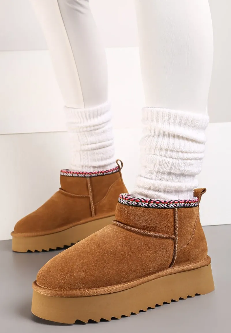 Brązowe Śniegowce na Platformie ze Skóry Naturalnej Ozdobione Haftem Narisha