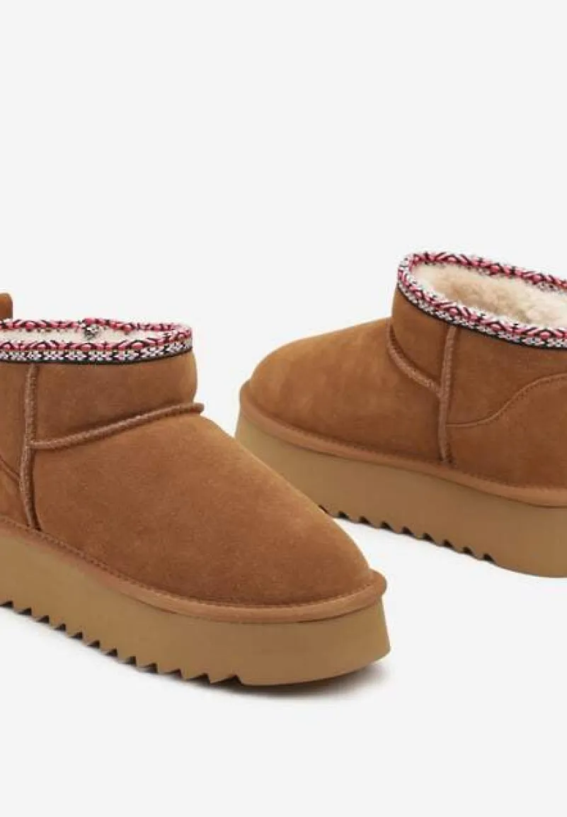 Brązowe Śniegowce na Platformie ze Skóry Naturalnej Ozdobione Haftem Narisha