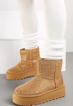 Brązowe Śniegowce na Platformie Ozdobione Cyrkoniami Zindelle