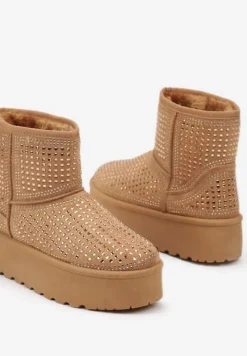 Brązowe Śniegowce na Platformie Ozdobione Cyrkoniami Zindelle