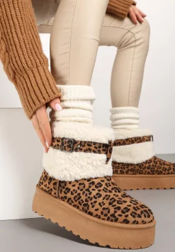 Brązowe Śniegowce na Platformie Ozdobione Wzorem w Panterkę Metaliczną Klamrą i Futerkiem w Stylu Baranka Anelavia