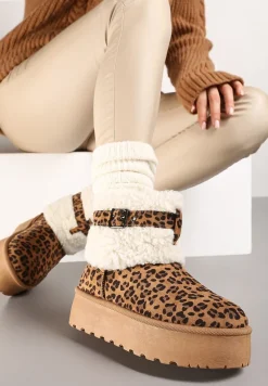 Brązowe Śniegowce na Platformie Ozdobione Wzorem w Panterkę Metaliczną Klamrą i Futerkiem w Stylu Baranka Anelavia