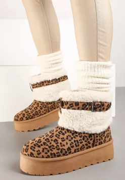 Brązowe Śniegowce na Platformie Ozdobione Wzorem w Panterkę Metaliczną Klamrą i Futerkiem w Stylu Baranka Anelavia