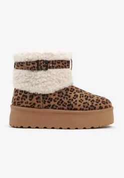 Brązowe Śniegowce na Platformie Ozdobione Wzorem w Panterkę Metaliczną Klamrą i Futerkiem w Stylu Baranka Anelavia