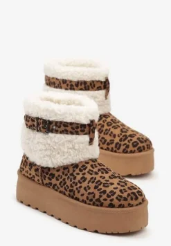 Brązowe Śniegowce na Platformie Ozdobione Wzorem w Panterkę Metaliczną Klamrą i Futerkiem w Stylu Baranka Anelavia
