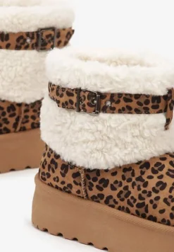 Brązowe Śniegowce na Platformie Ozdobione Wzorem w Panterkę Metaliczną Klamrą i Futerkiem w Stylu Baranka Anelavia