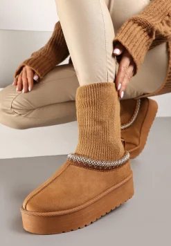 Brązowe Śniegowce na Platformie z Ozdobną Dopasowaną Cholewką i Haftowanymi Obszyciami Tinnacilia