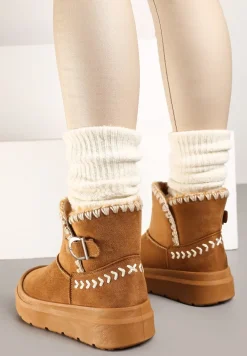 Brązowe Śniegowce na Platformie Ozdobione Klamrą i Haftem Rinneva