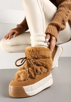 Brązowe Śniegowce na Platformie ze Sznurowaniem i Futerkiem Savithira