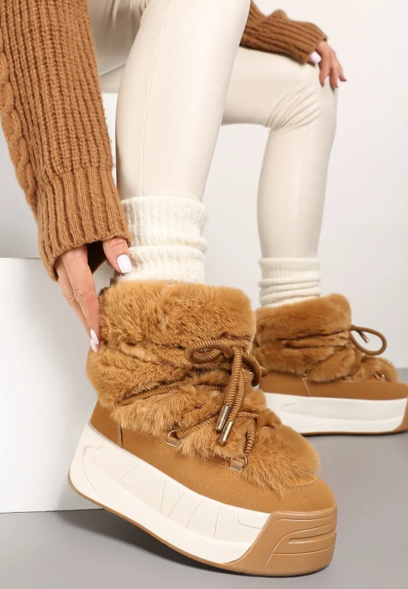 Brązowe Śniegowce na Platformie ze Sznurowaniem i Futerkiem Savithira