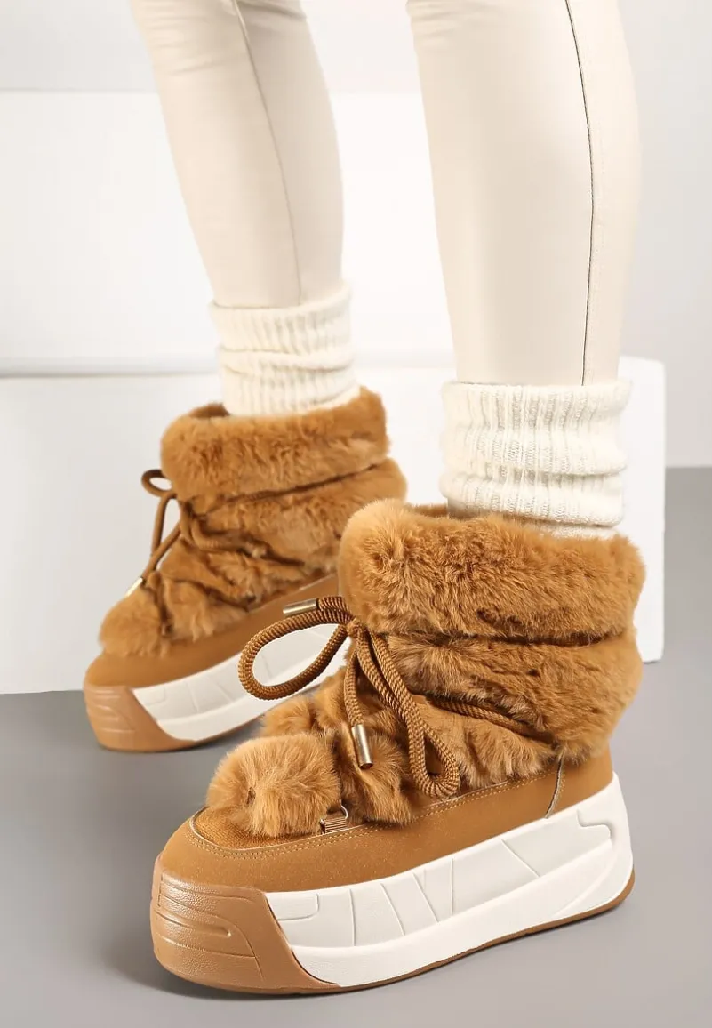 Brązowe Śniegowce na Platformie ze Sznurowaniem i Futerkiem Savithira