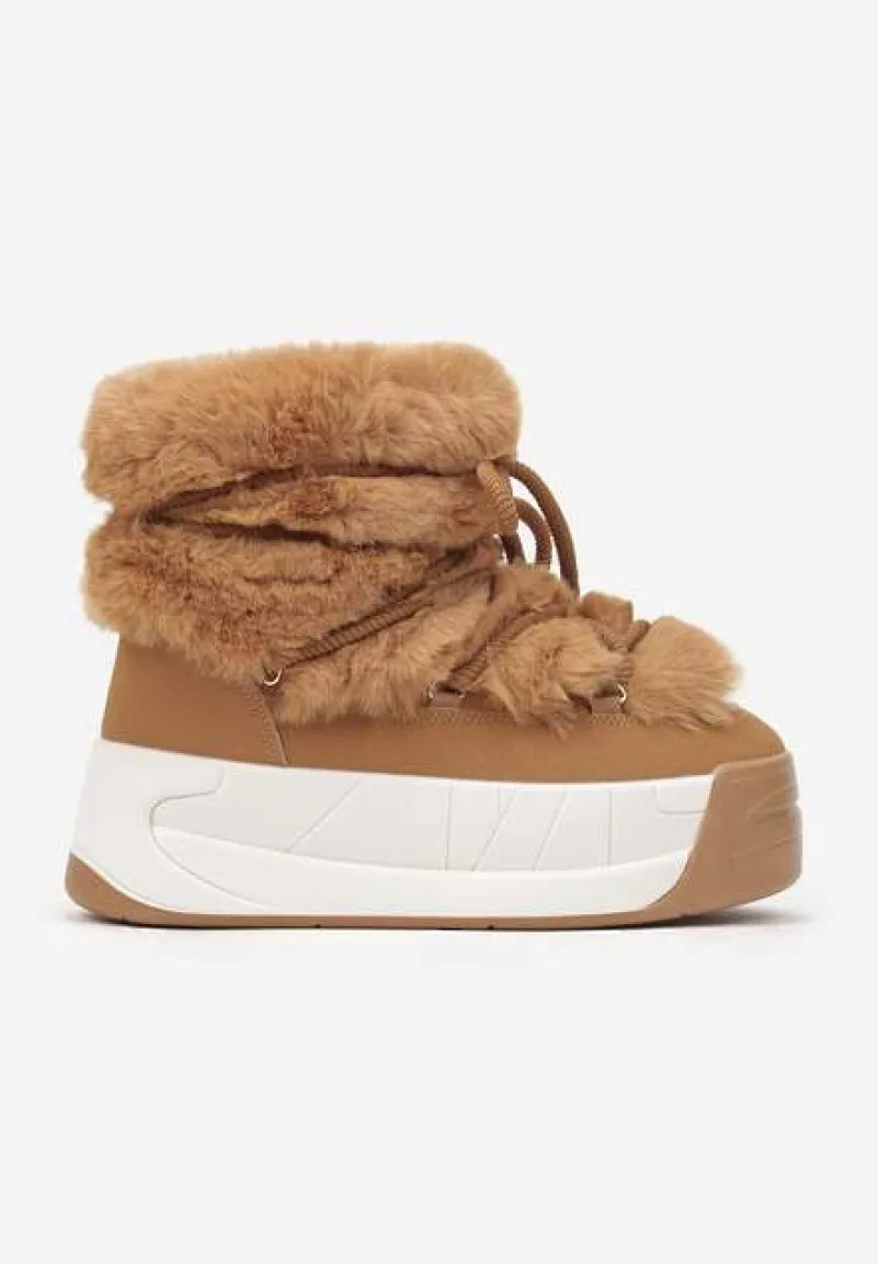 Brązowe Śniegowce na Platformie ze Sznurowaniem i Futerkiem Savithira
