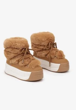 Brązowe Śniegowce na Platformie ze Sznurowaniem i Futerkiem Savithira