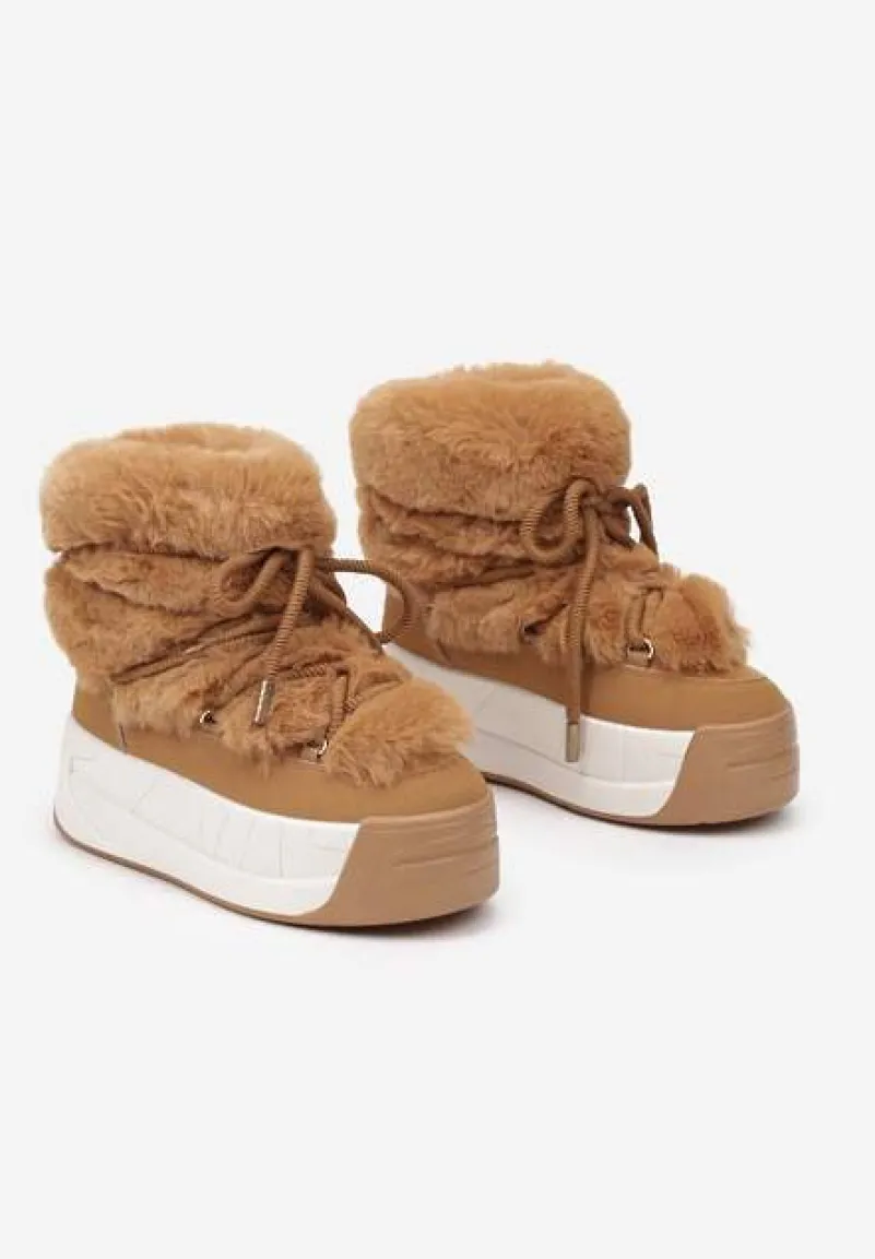 Brązowe Śniegowce na Platformie ze Sznurowaniem i Futerkiem Savithira