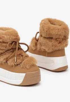Brązowe Śniegowce na Platformie ze Sznurowaniem i Futerkiem Savithira
