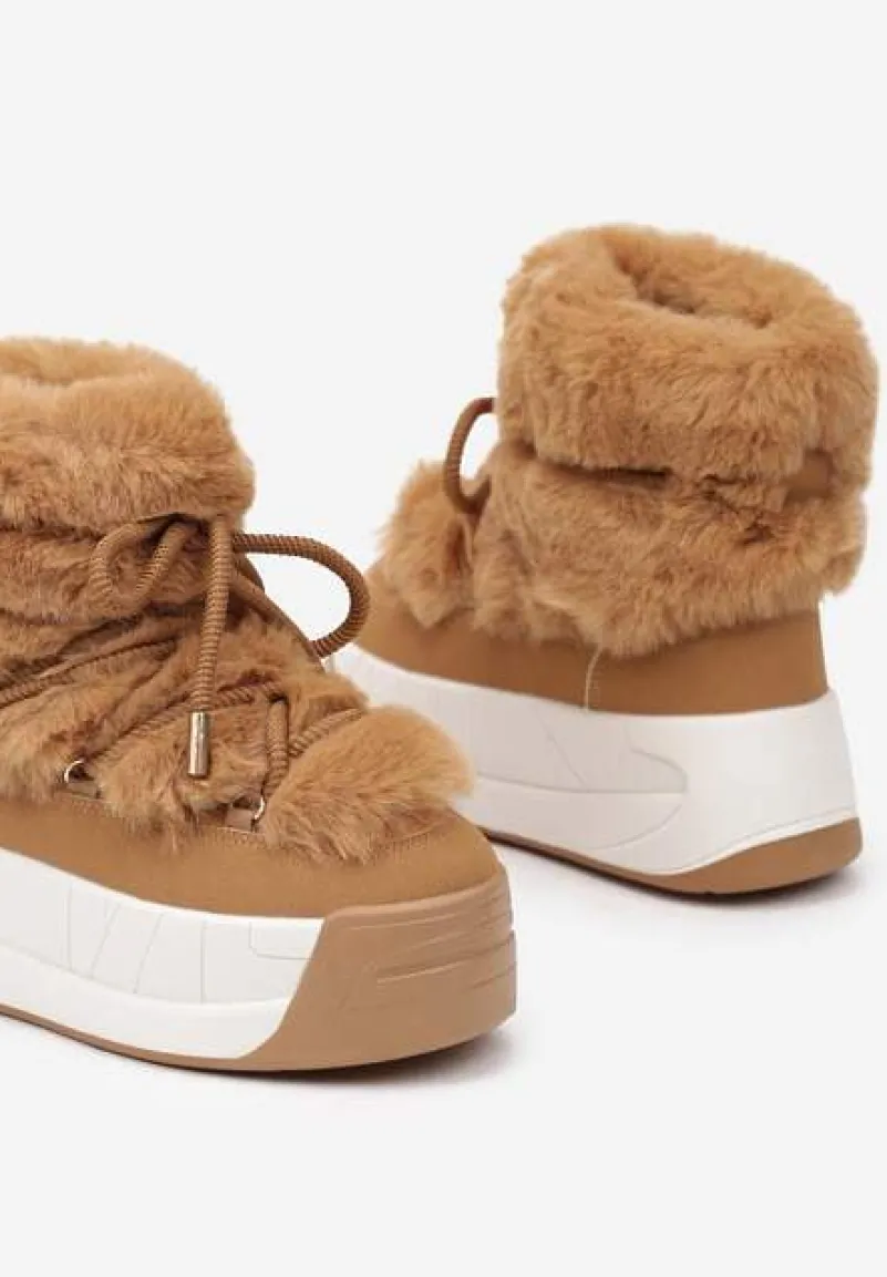 Brązowe Śniegowce na Platformie ze Sznurowaniem i Futerkiem Savithira