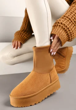 Brązowe Śniegowce na Platformie z Elastyczną Cholewką Linnastra