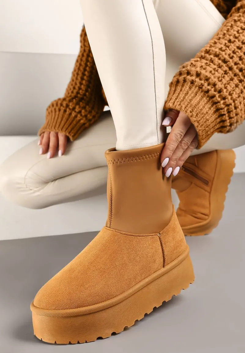 Brązowe Śniegowce na Platformie z Elastyczną Cholewką Linnastra