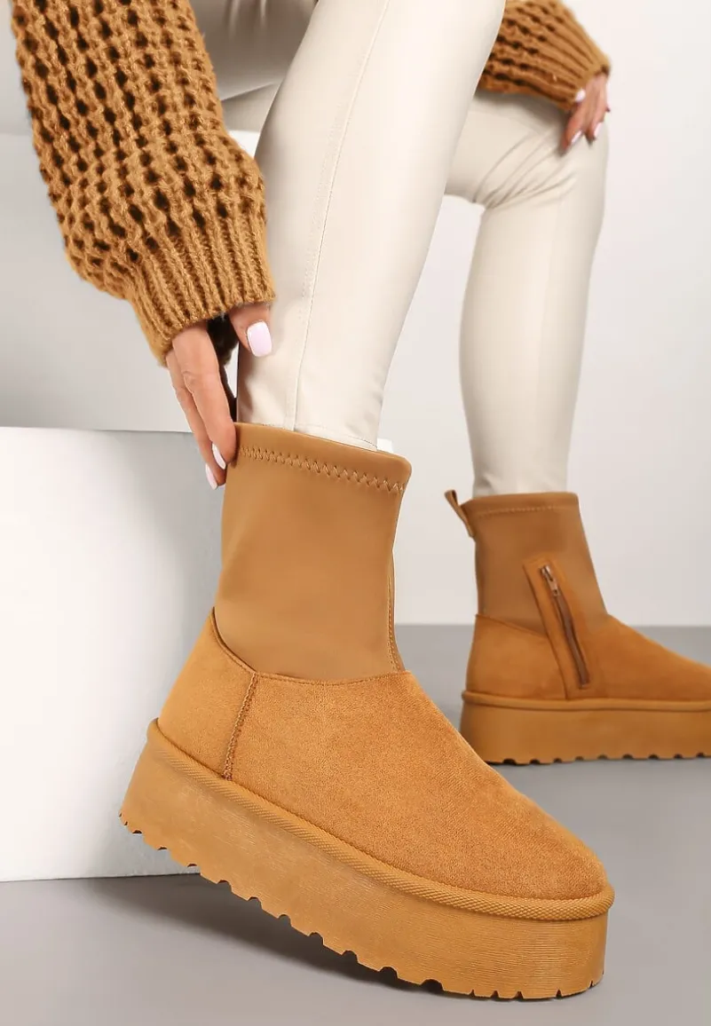 Brązowe Śniegowce na Platformie z Elastyczną Cholewką Linnastra