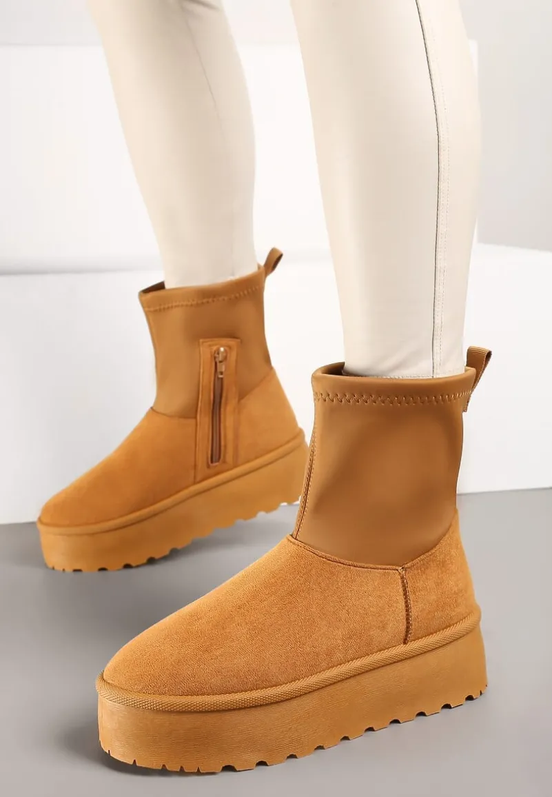 Brązowe Śniegowce na Platformie z Elastyczną Cholewką Linnastra