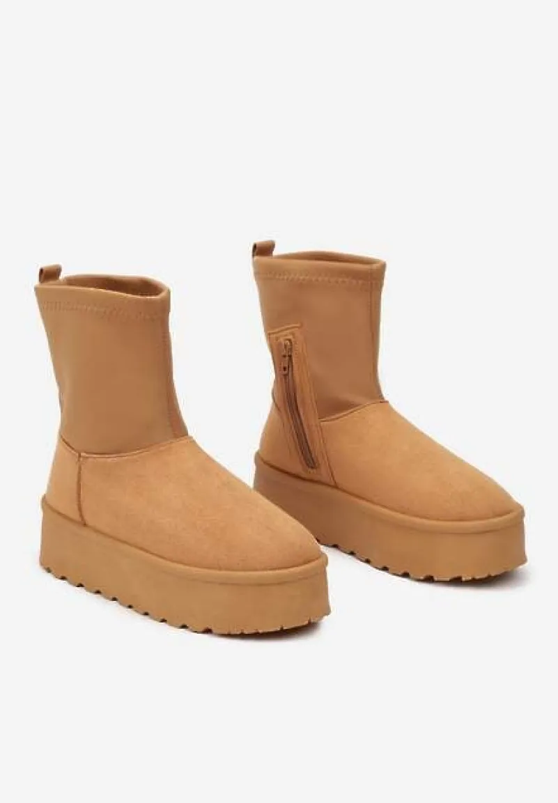 Brązowe Śniegowce na Platformie z Elastyczną Cholewką Linnastra