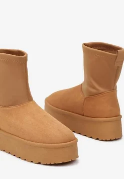 Brązowe Śniegowce na Platformie z Elastyczną Cholewką Linnastra