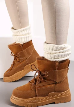 Brązowe Śniegowce na Platformie z Dekoracyjnym Wiązaniem i Futerkiem Cynra