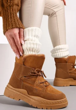 Brązowe Śniegowce na Platformie z Dekoracyjnym Wiązaniem i Futerkiem Cynra