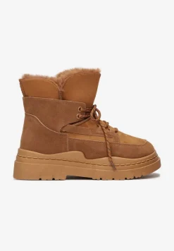 Brązowe Śniegowce na Platformie z Dekoracyjnym Wiązaniem i Futerkiem Cynra