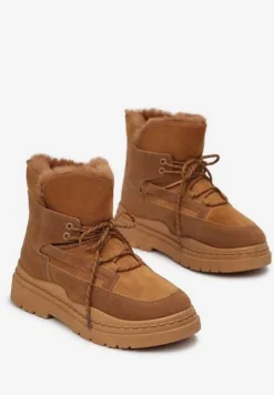 Brązowe Śniegowce na Platformie z Dekoracyjnym Wiązaniem i Futerkiem Cynra