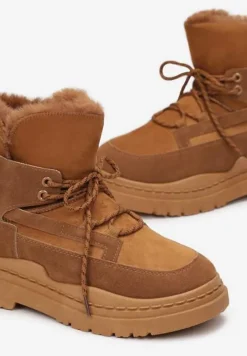 Brązowe Śniegowce na Platformie z Dekoracyjnym Wiązaniem i Futerkiem Cynra