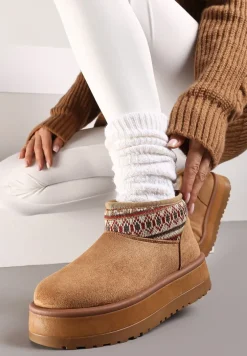 Brązowe Śniegowce na Wysokiej Platformie Ozdobione Wzorzystą Wstawką Sinalora