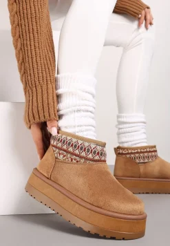 Brązowe Śniegowce na Wysokiej Platformie Ozdobione Wzorzystą Wstawką Sinalora