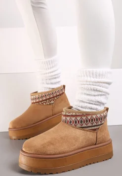 Brązowe Śniegowce na Wysokiej Platformie Ozdobione Wzorzystą Wstawką Sinalora