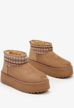 Brązowe Śniegowce na Wysokiej Platformie Ozdobione Wzorzystą Wstawką Sinalora