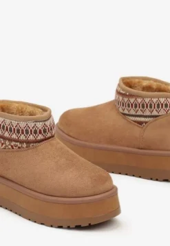 Brązowe Śniegowce na Wysokiej Platformie Ozdobione Wzorzystą Wstawką Sinalora