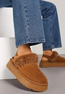 Brązowe Śniegowce z Ekozamszu na Platformie z Odkrytą Piętą i Futrzaną Wstawką Norwenna