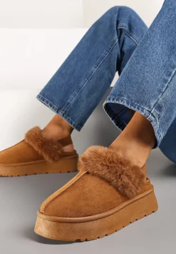 Brązowe Śniegowce z Ekozamszu na Platformie z Odkrytą Piętą i Futrzaną Wstawką Norwenna