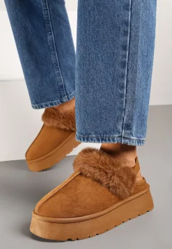 Brązowe Śniegowce z Ekozamszu na Platformie z Odkrytą Piętą i Futrzaną Wstawką Norwenna