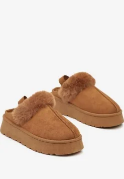 Brązowe Śniegowce z Ekozamszu na Platformie z Odkrytą Piętą i Futrzaną Wstawką Norwenna