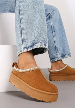 Brązowe Śniegowce z Haftowanym Paseczkiem na Platformie Iridalia