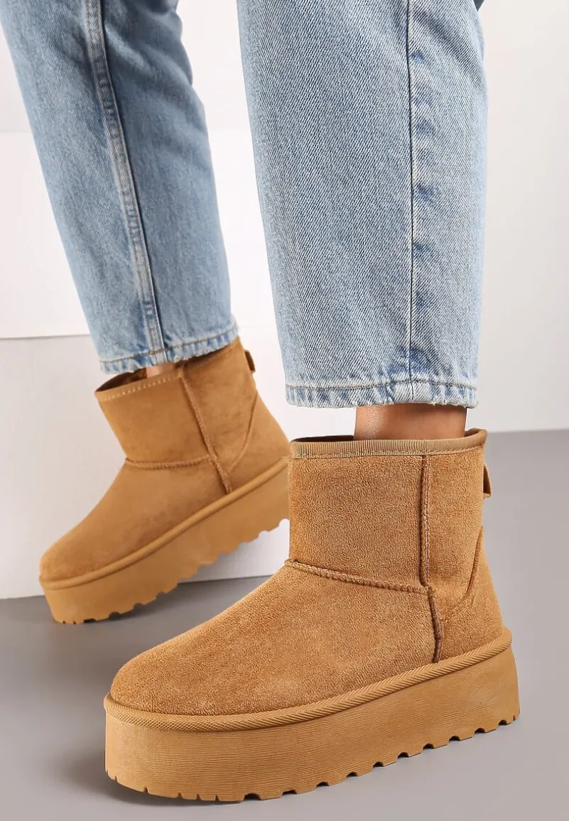 Brązowe Śniegowce za Kostkę na Platformie Ocieplane Futerkiem Divena