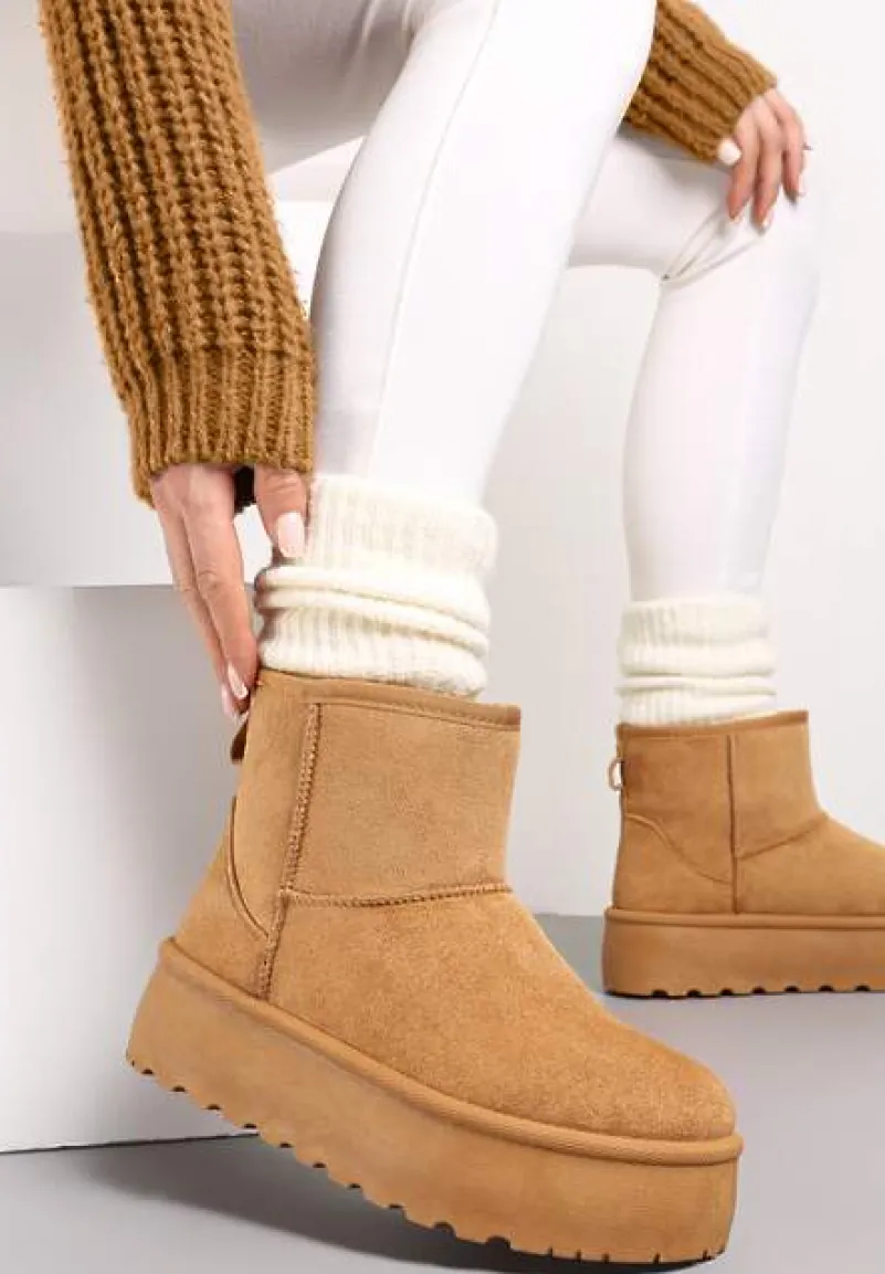 Brązowe Śniegowce za Kostkę na Platformie Ocieplane Futerkiem Divena