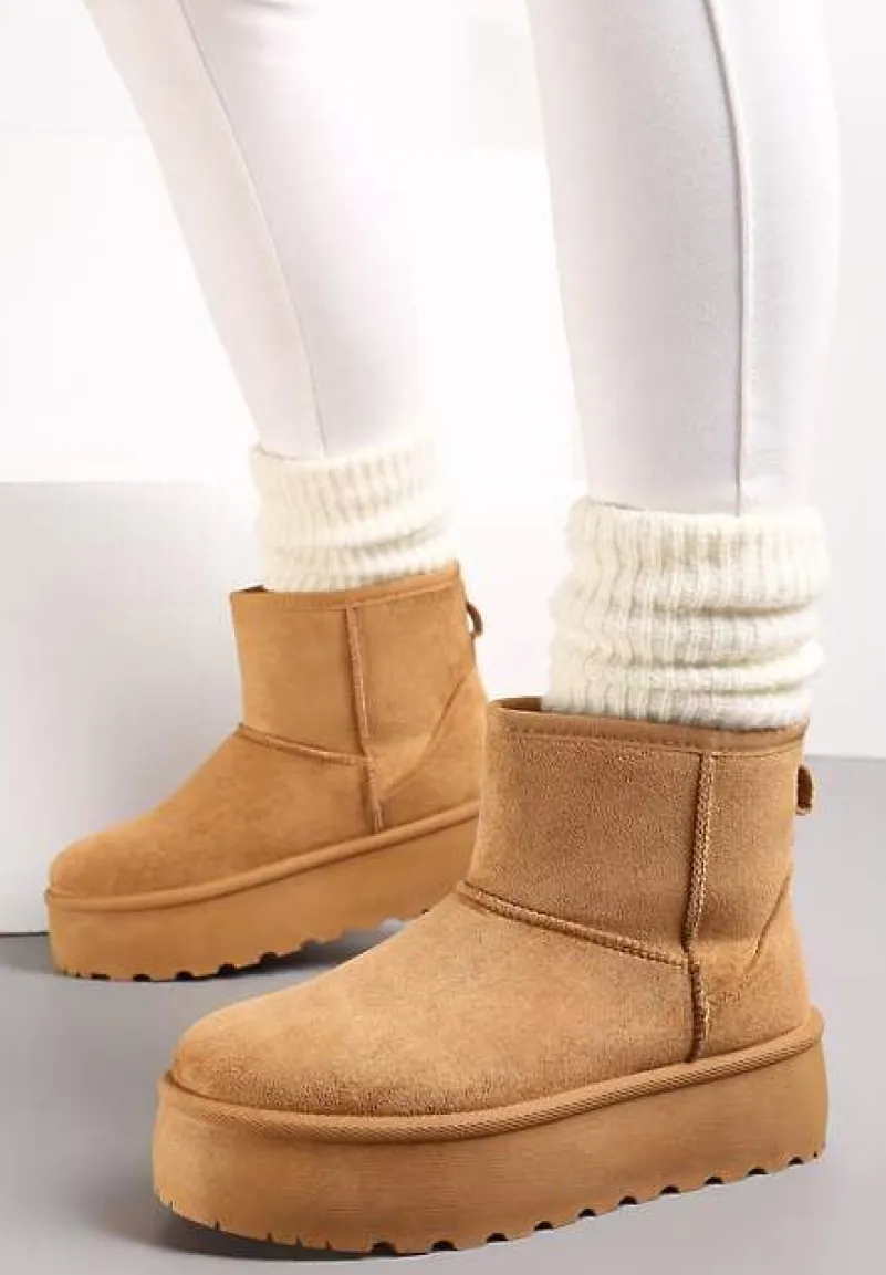 Brązowe Śniegowce za Kostkę na Platformie Ocieplane Futerkiem Divena