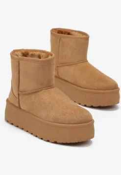 Brązowe Śniegowce za Kostkę na Platformie Ocieplane Futerkiem Divena