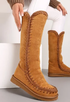 Brązowe Śniegowce za Kostkę z Dekoracyjnymi Przeszyciami i Grubym Futerkiem Zaphkia