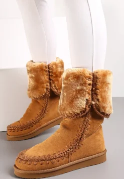 Brązowe Śniegowce za Kostkę z Dekoracyjnymi Przeszyciami i Grubym Futerkiem Zaphkia