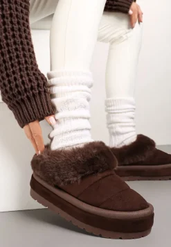 Brązowe Niskie Śniegowce Ekozamszowe na Platformie z Pikowaniem i Futerkiem Realira