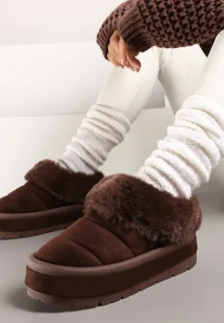 Brązowe Niskie Śniegowce Ekozamszowe na Platformie z Pikowaniem i Futerkiem Realira